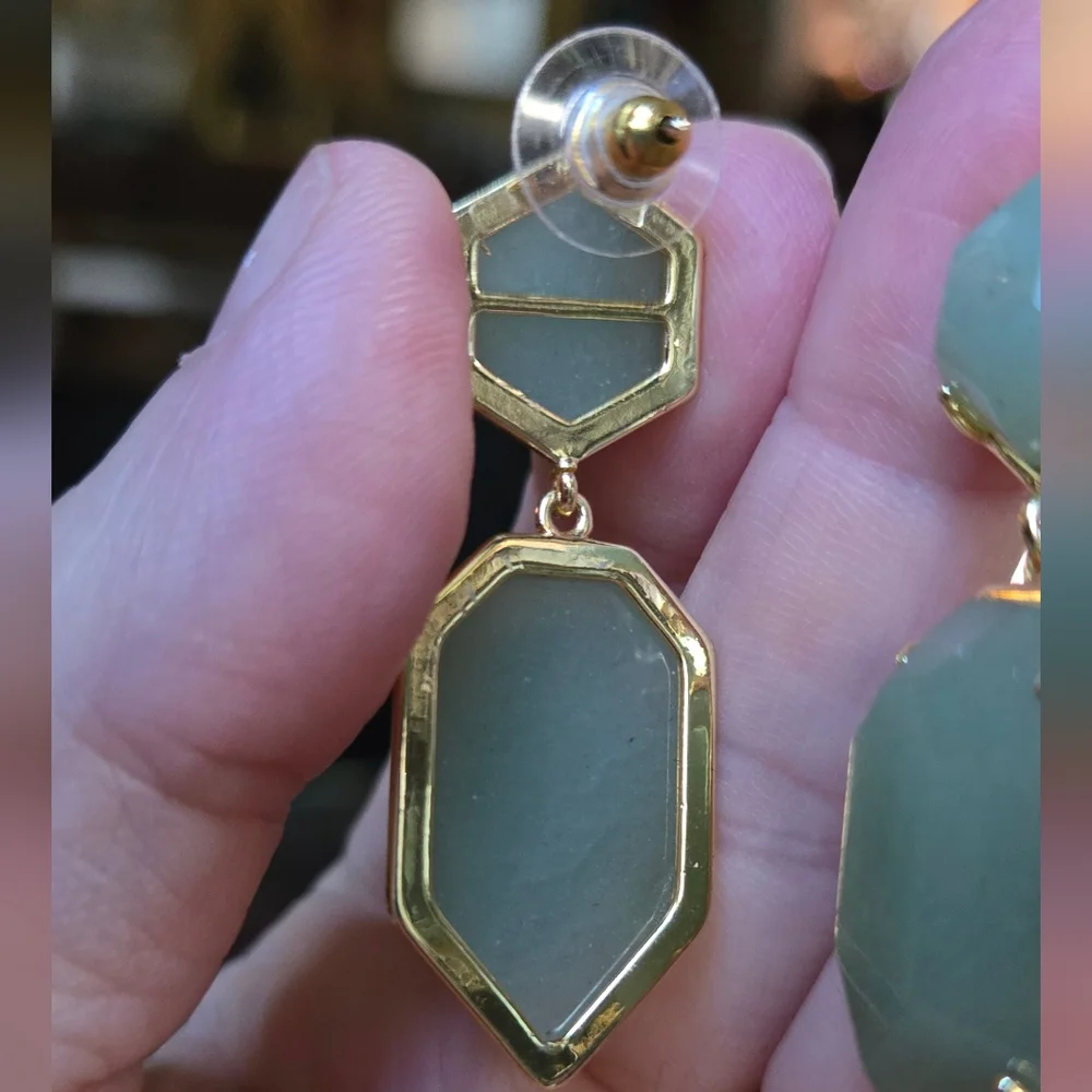 Nephrite Gemstone Gold Earrings - Picture 7 of 7